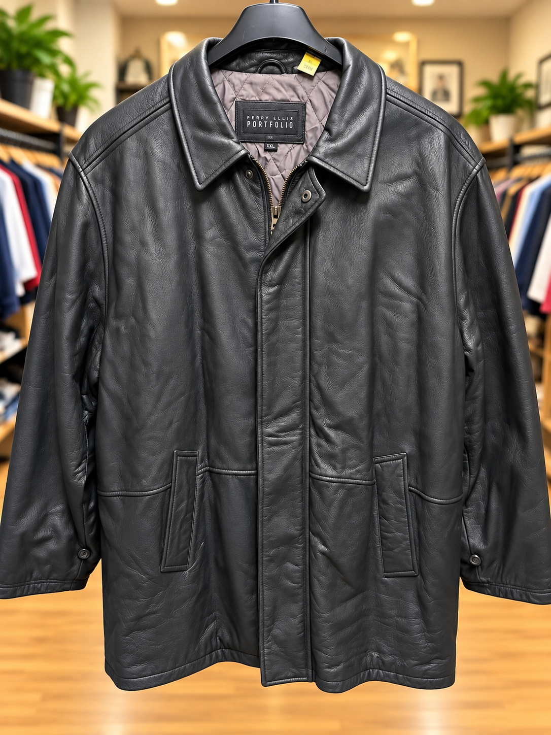 Perry Ellis Portfolio Black Genuine Leather Jacket – Size XXL