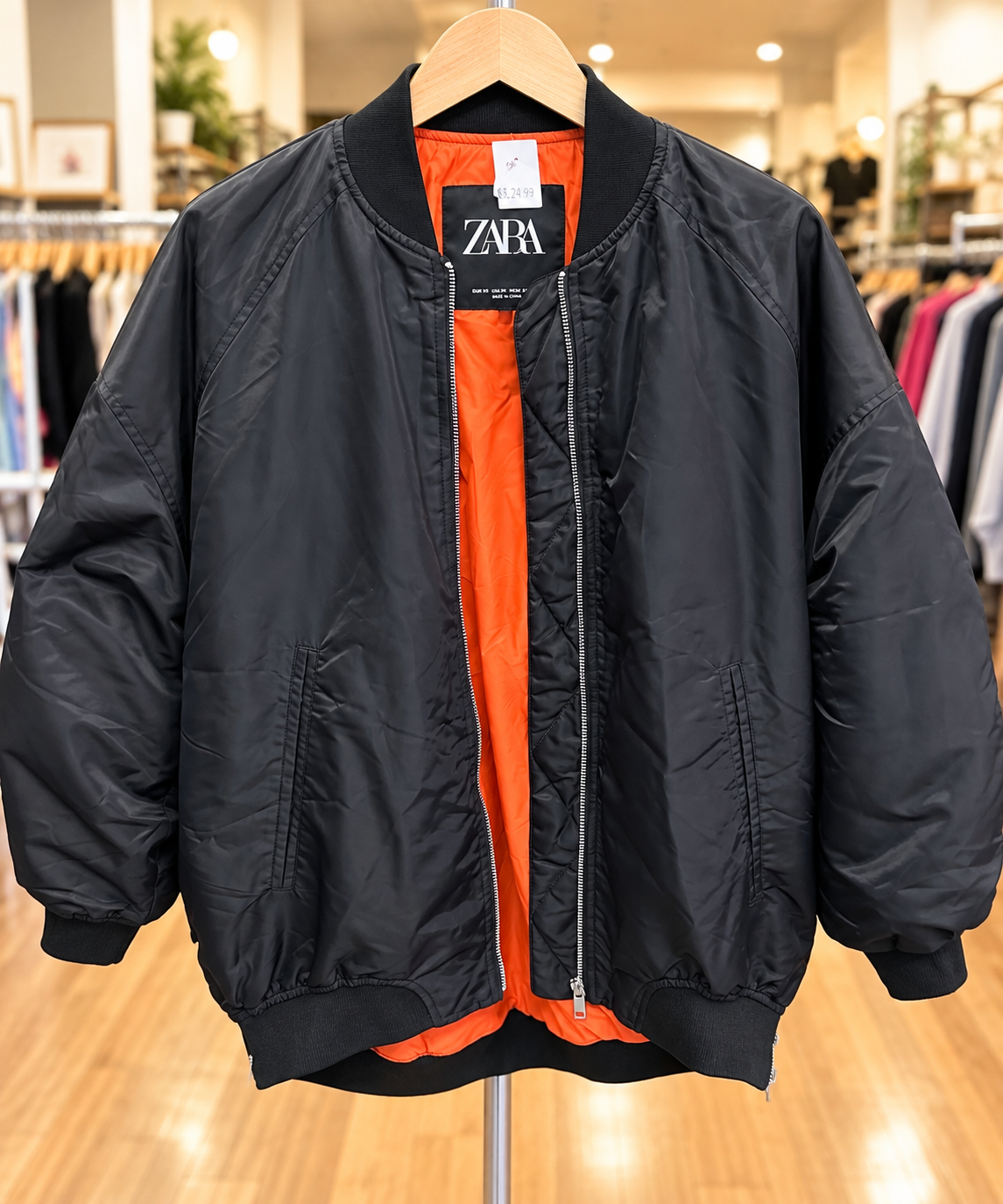 ZARA Black Bomber Jacket with Orange Lining – Size XS