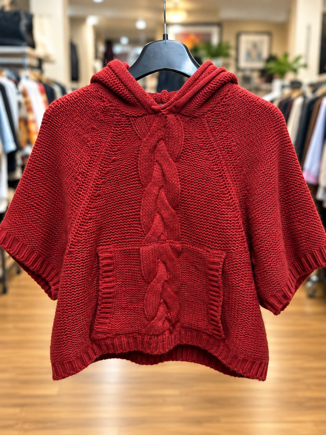 Energie Red Cable-Knit Hooded Poncho Sweater – Size S