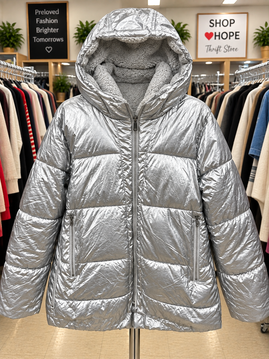 NY&C New York & Company Metallic Silver Hooded Puffer Jacket
