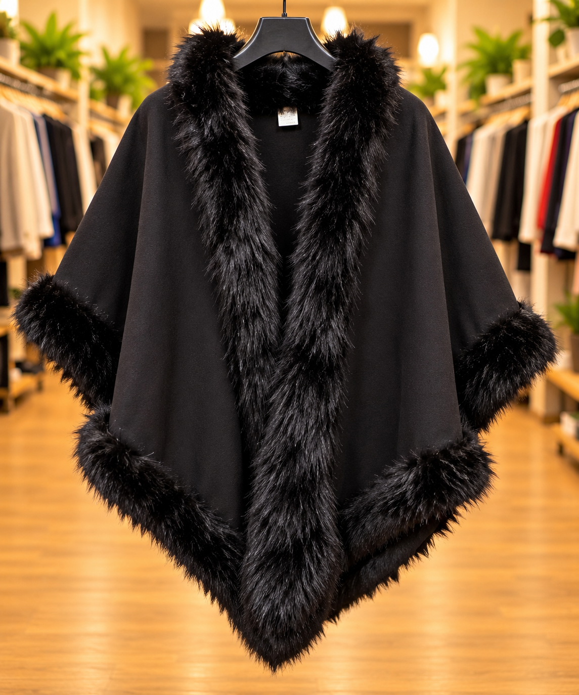 Black Faux Fur Trim Poncho Cape