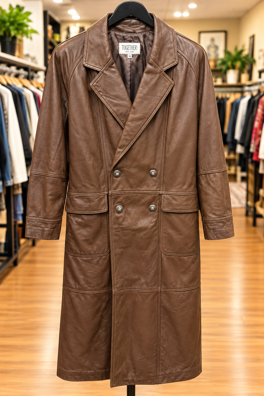 Together! Brown Genuine Leather Long Coat – Size 14