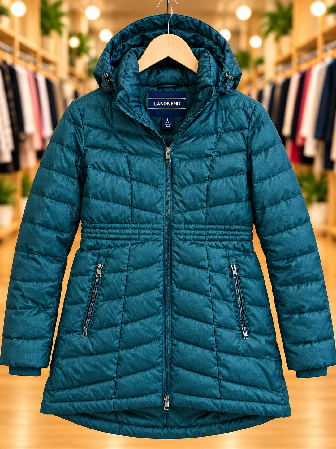 Lands’ End Teal Quilted Hooded Puffer Coat — Size S (6-8)