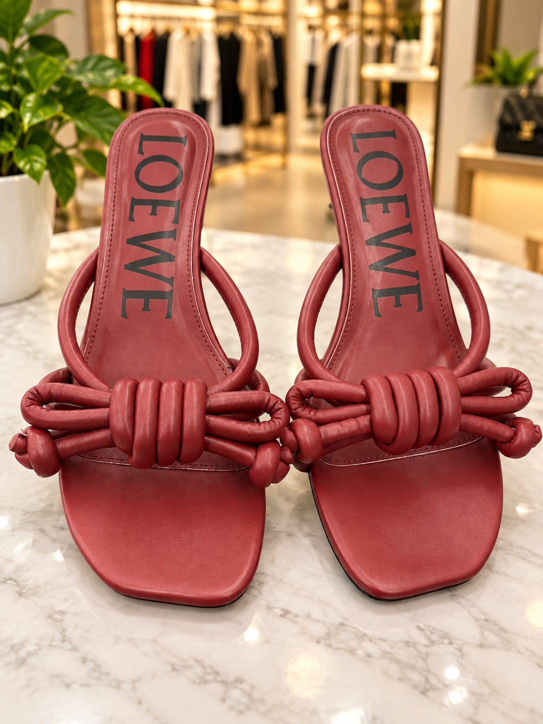 LOEWE Burgundy Knotted Slide Sandals