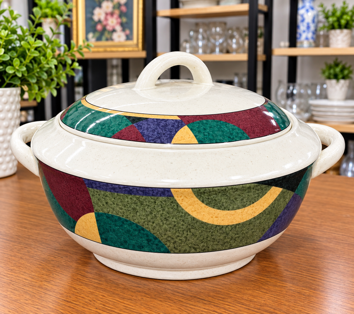 Vintage Geometric Ceramic Covered Casserole / Serving Bowl