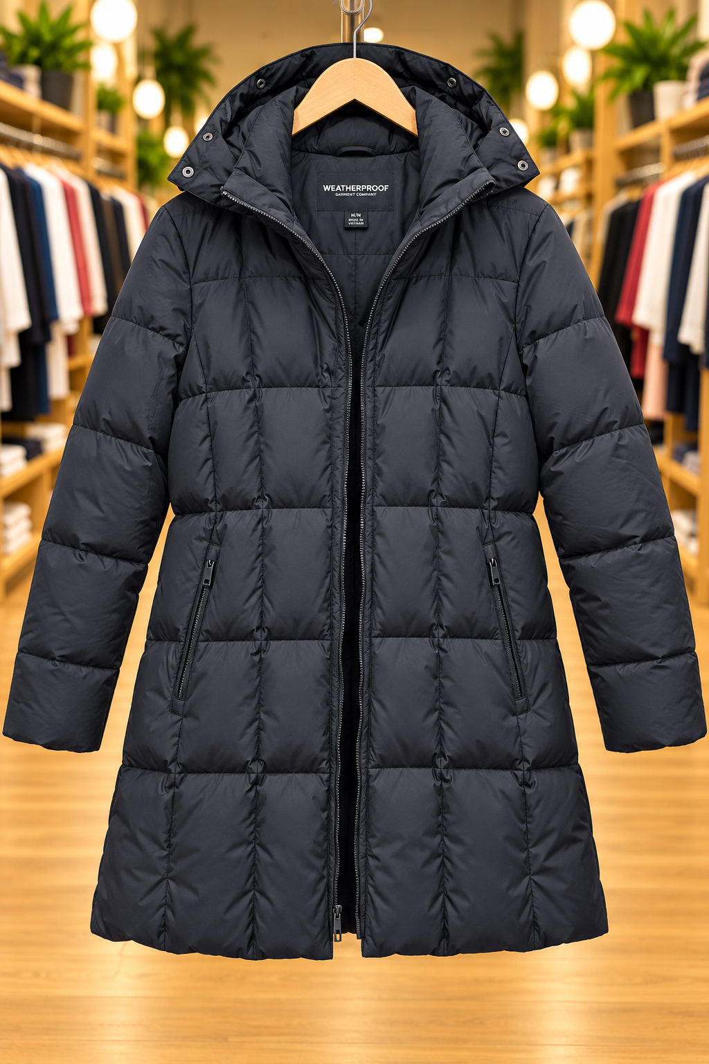 Weatherproof Black Hooded Puffer Coat — Size M