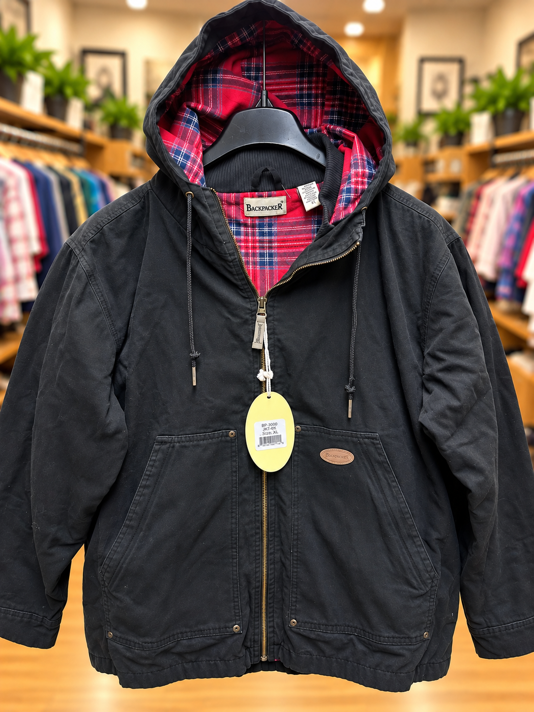 Backpacker Black Hooded Jacket with Plaid Lining – Size XL