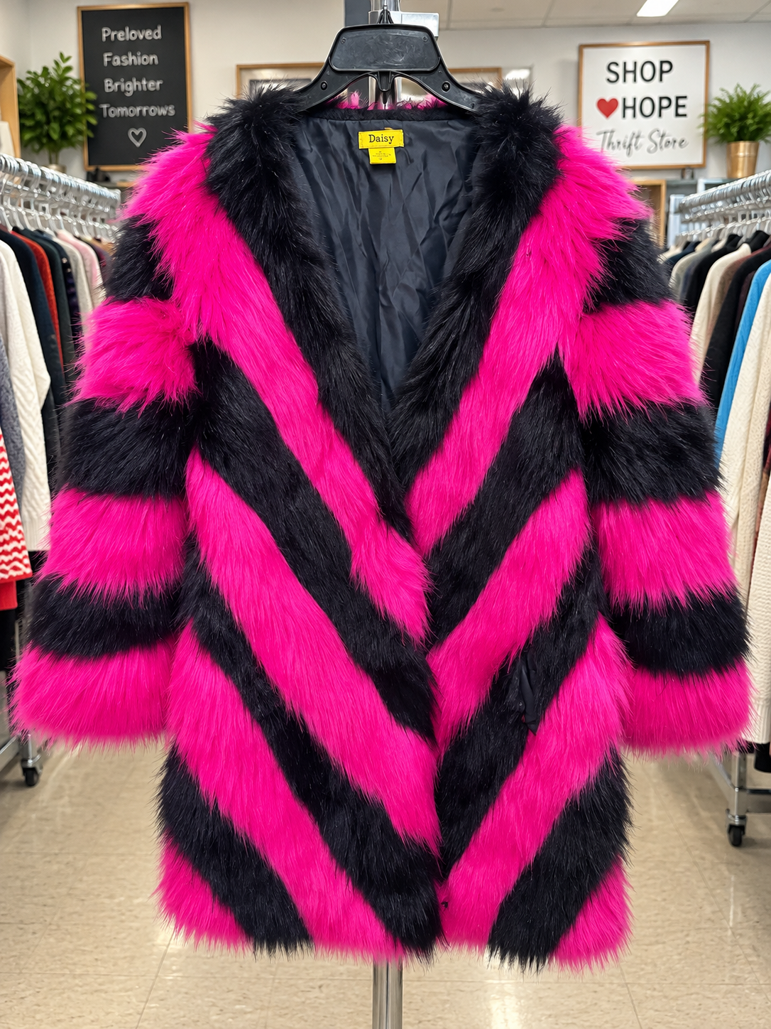 Daisy Pink & Black Faux Fur Statement Coat