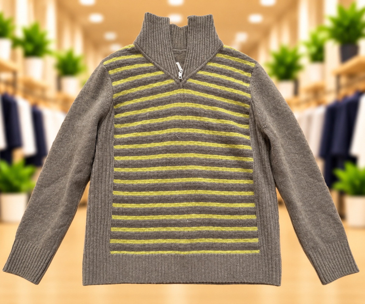 Gray & Yellow Striped Cashmere Sweater — Size Not Identified