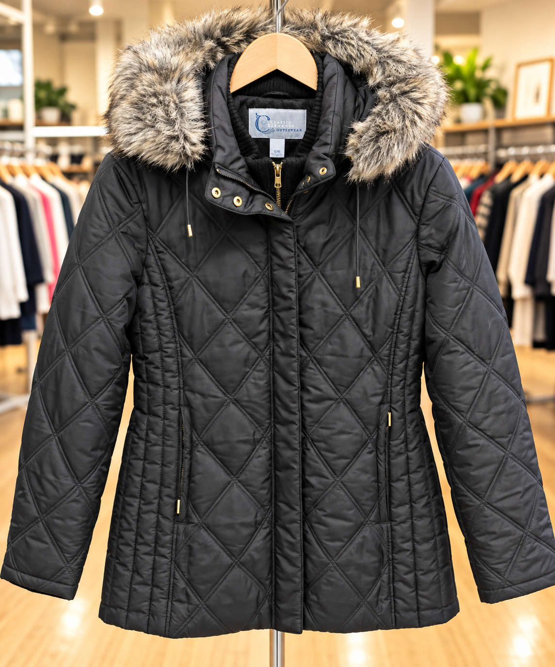 Classic Elements Outerwear Black Quilted Faux-Fur Hood Jacket – Size L