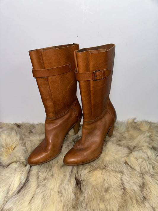 Classic Mid-Calf Brown Leather Heeled Boots with Buckle Strap