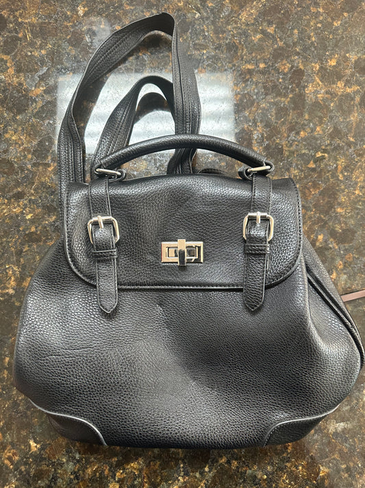 Black Textured Leather Backpack-Style Handbag with Buckle Accents
