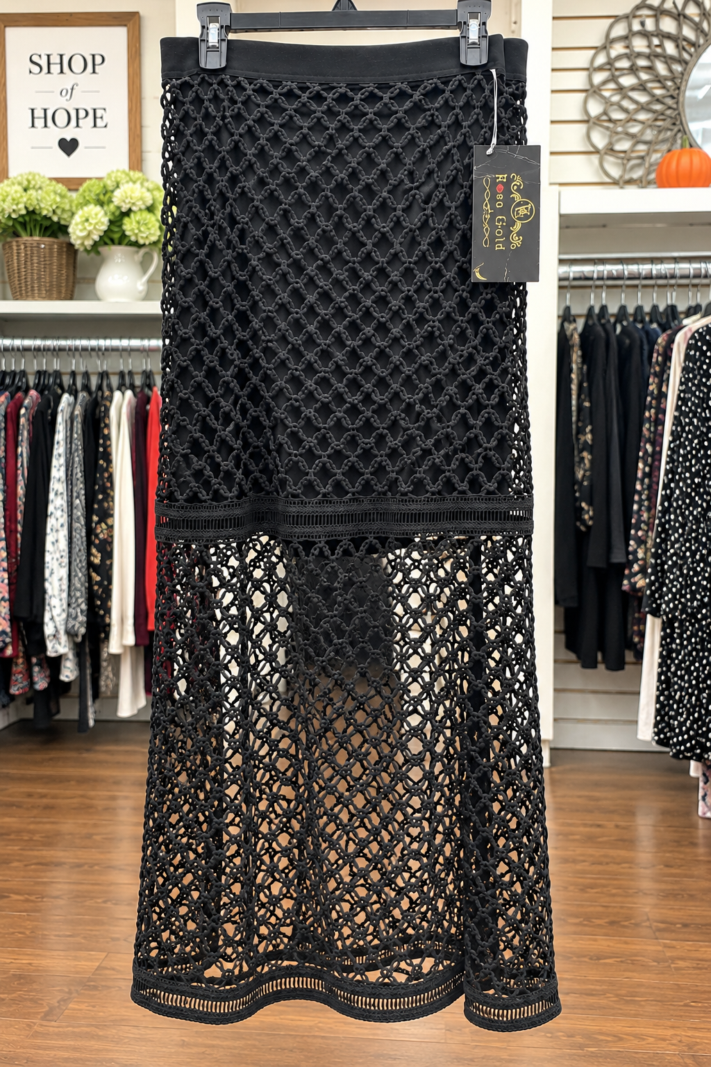 Rose Gold Black Crochet Lace Maxi Skirt