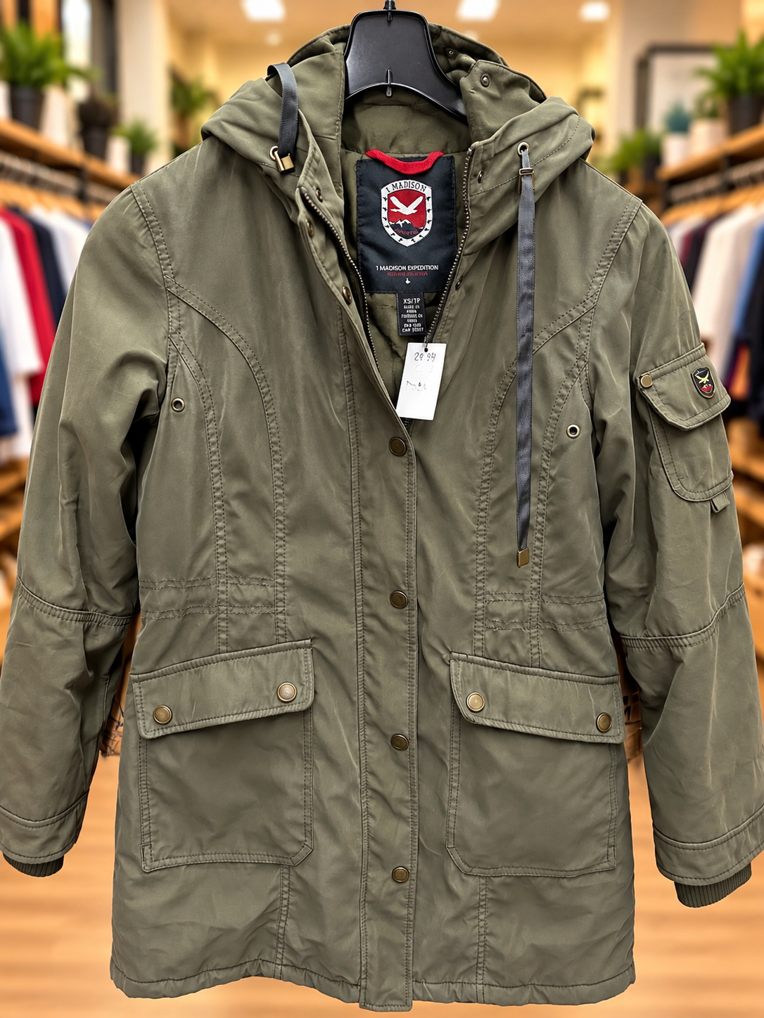 1 Madison Expedition Olive Green Hooded Parka – Size XS