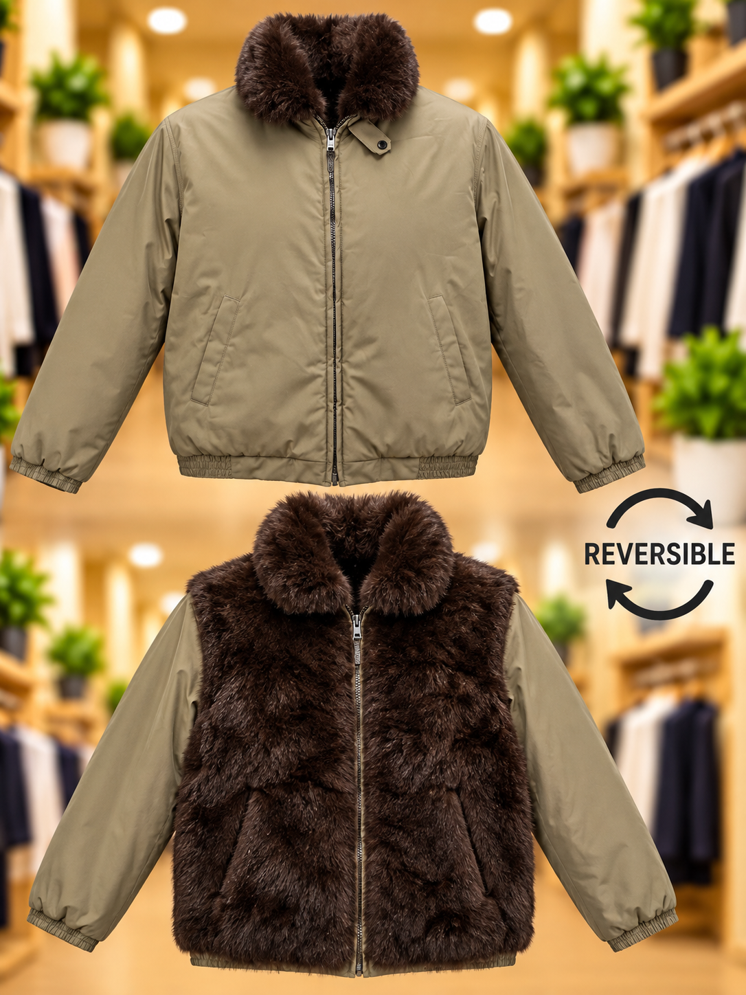 Reversible Khaki & Brown Faux Fur Bomber Jacket