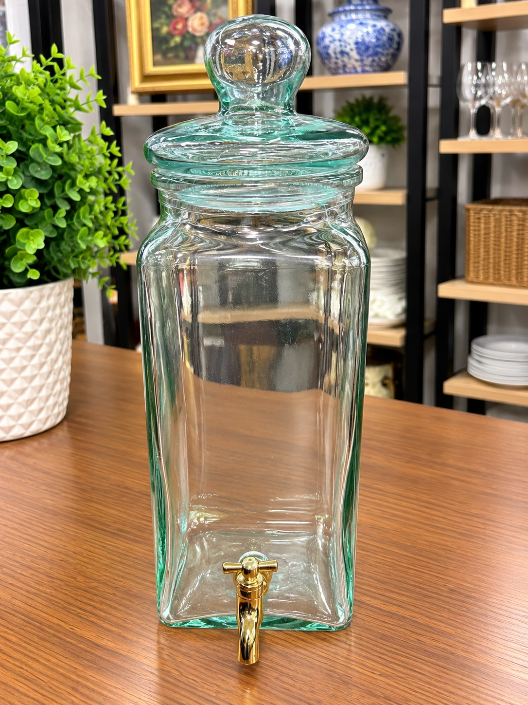 Large Glass Beverage Dispenser with Lid & Gold Spigot