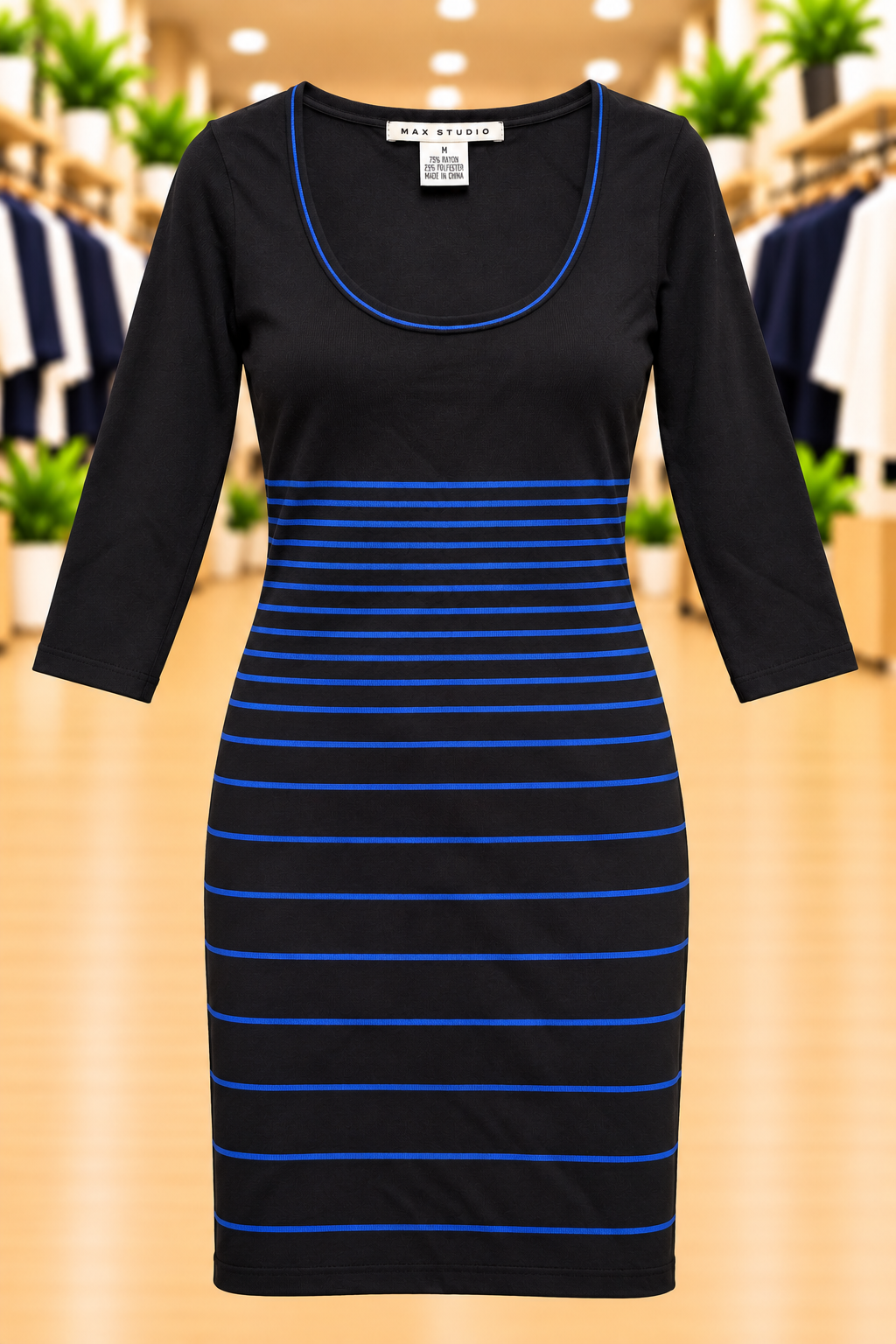 Max Studio Black & Royal Blue Striped Dress — Size M