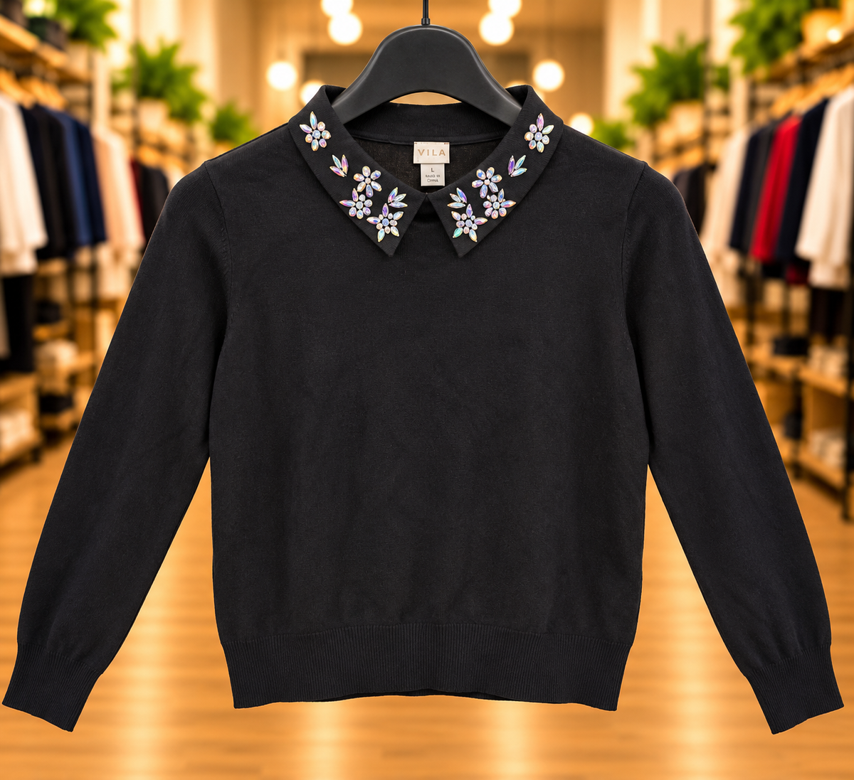 VILA Black Rhinestone Embellished Collar Sweater