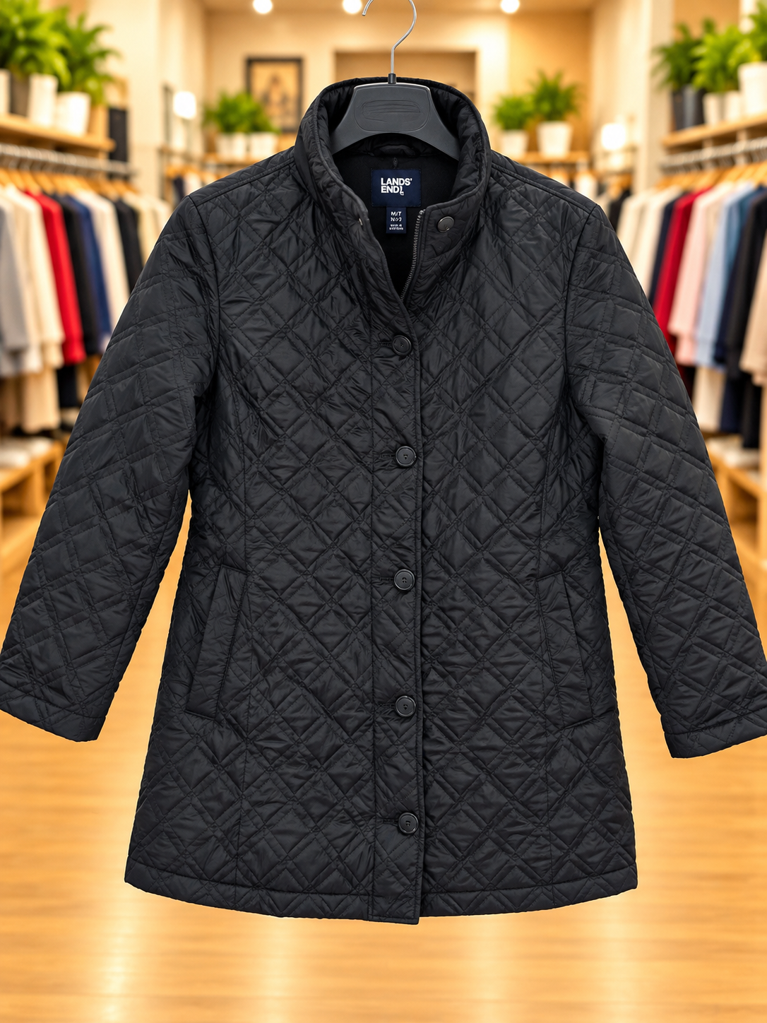 Lands’ End Black Quilted Coat — Size Medium Tall (10-12)