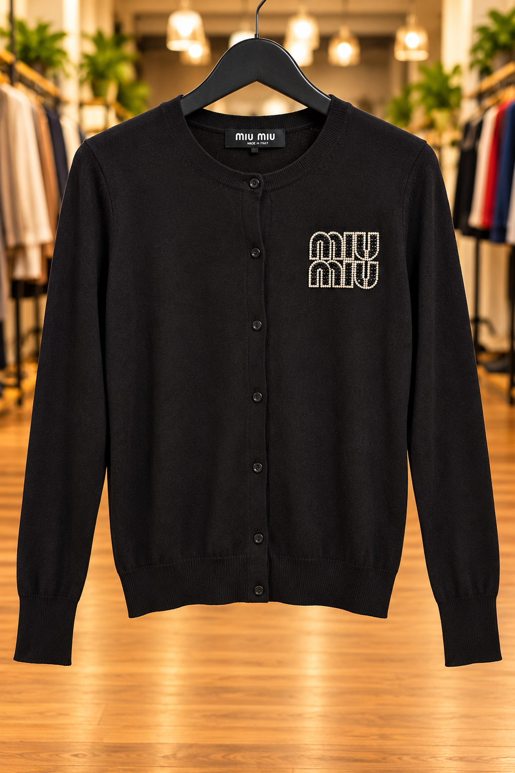 Miu Miu Black Rhinestone Knit Cardigan