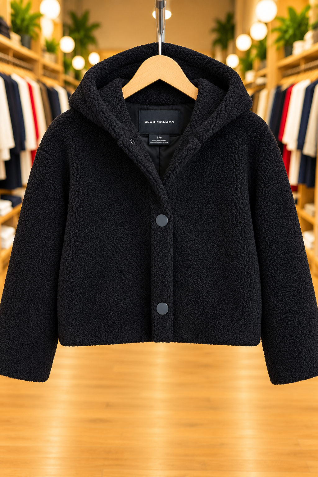 Club Monaco Black Hooded Teddy Jacket — Size Small