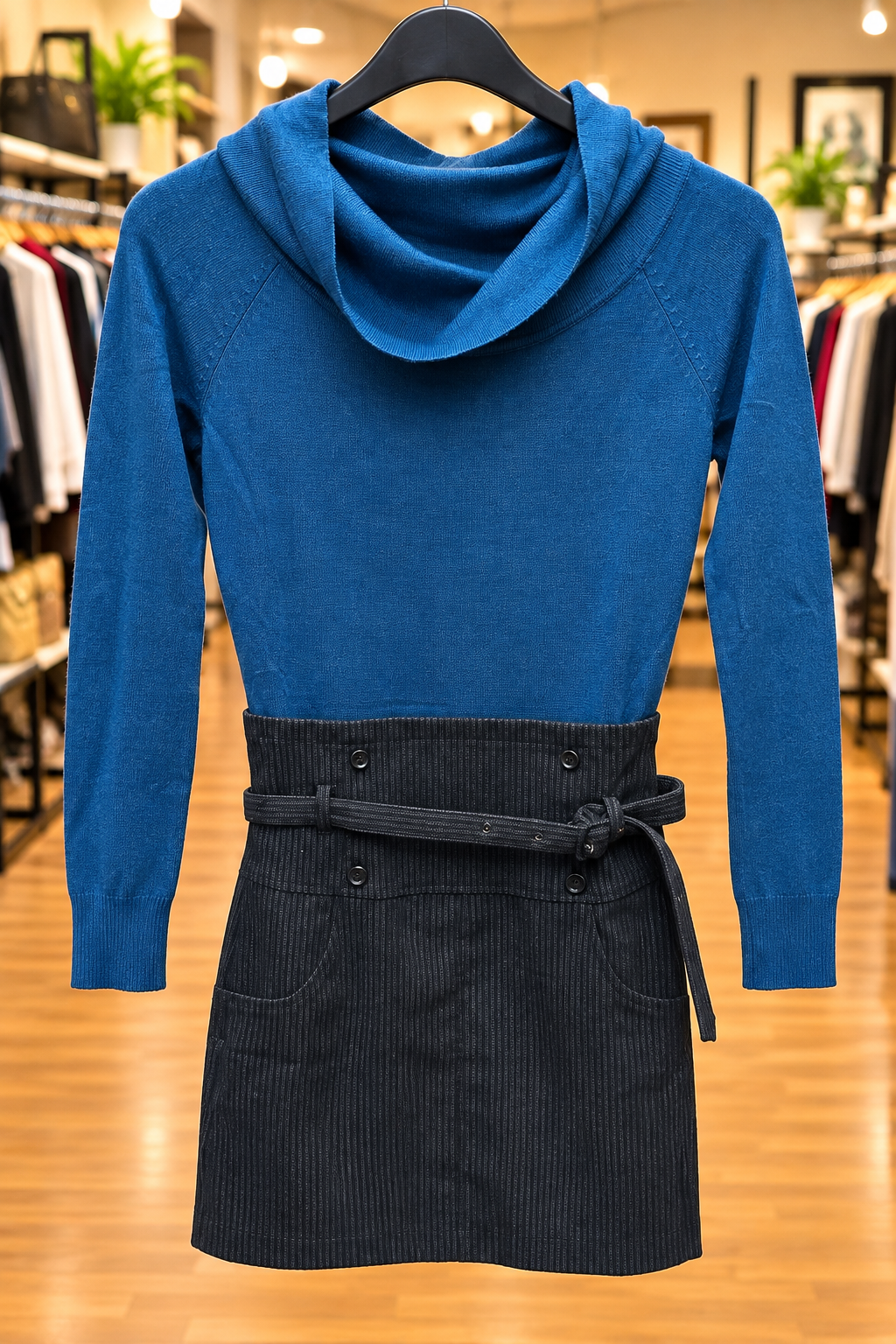 Maxime Mode Blue & Charcoal Sweater Dress – Size S/M