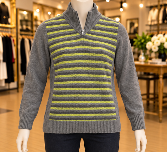 Gray & Yellow Striped Cashmere Sweater — Size Not Identified