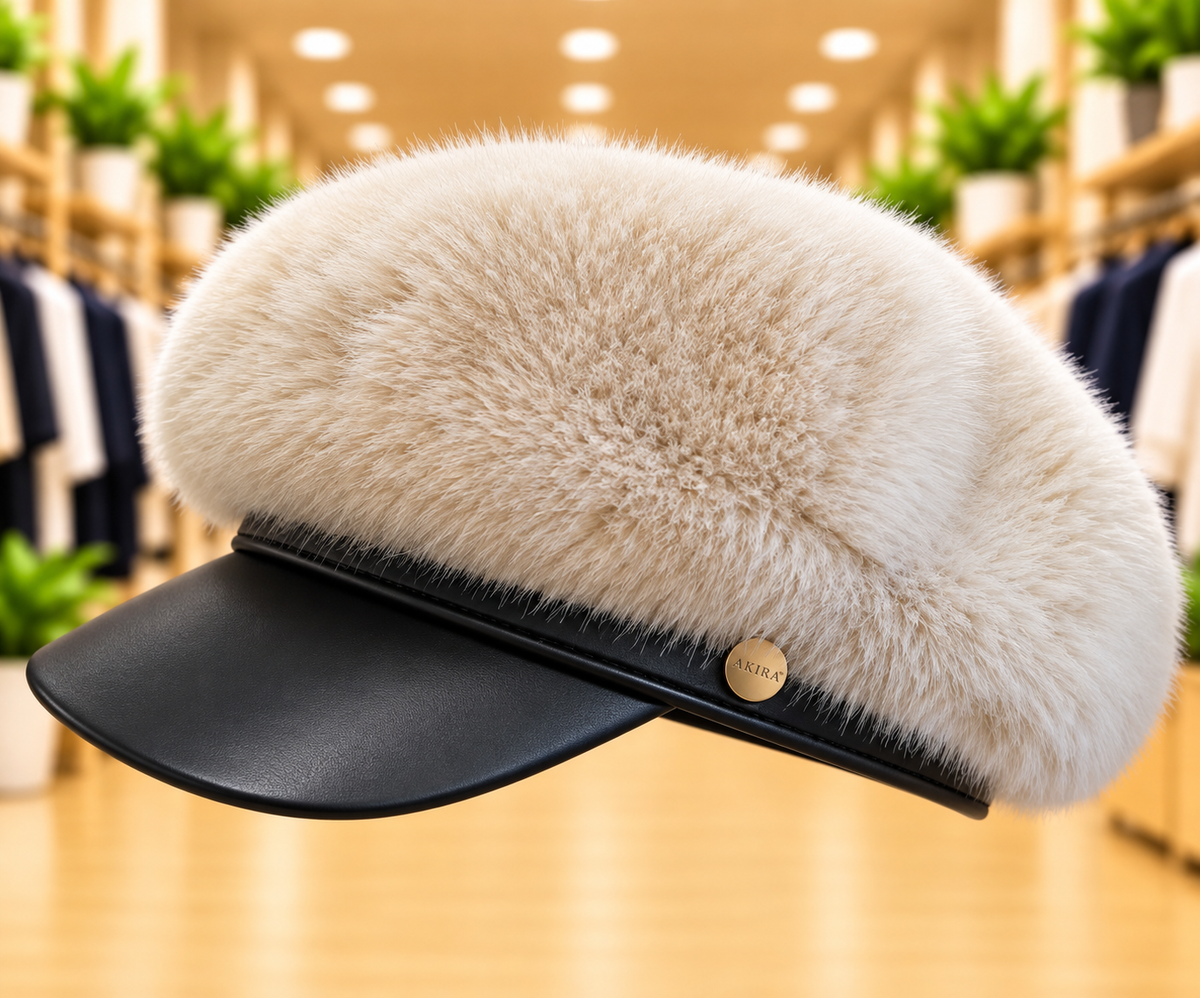 AKIRA Faux Fur Cadet Hat — Cream & Black