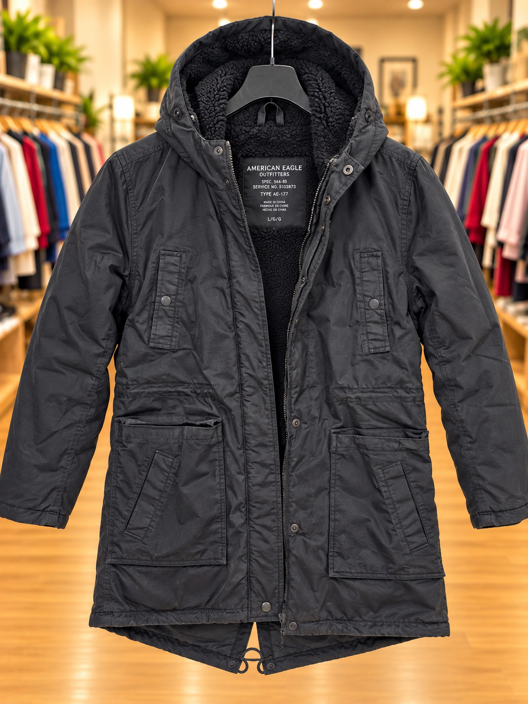 American Eagle Black Hooded Parka — Size L