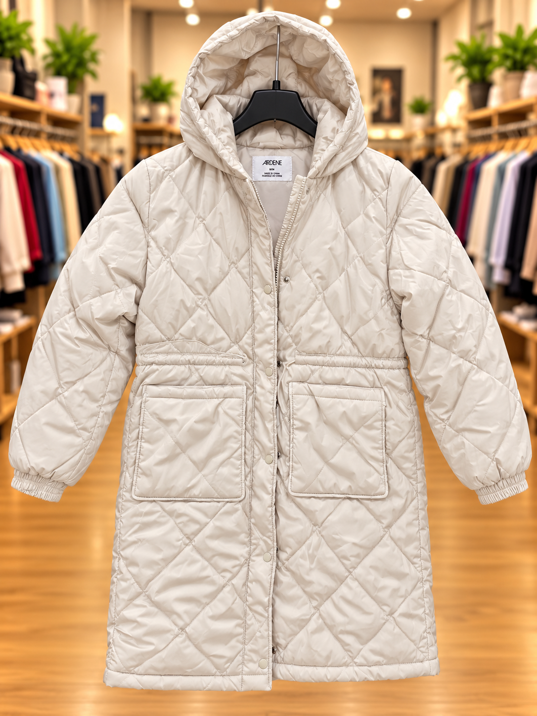 Ardene Cream Quilted Long Hooded Coat — Size Medium