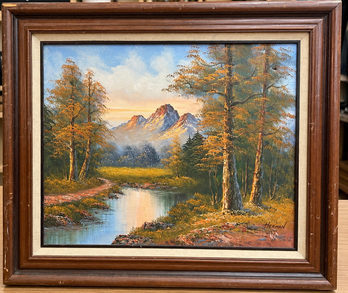 Vintage Framed Mountain Landscape – Signed Herman