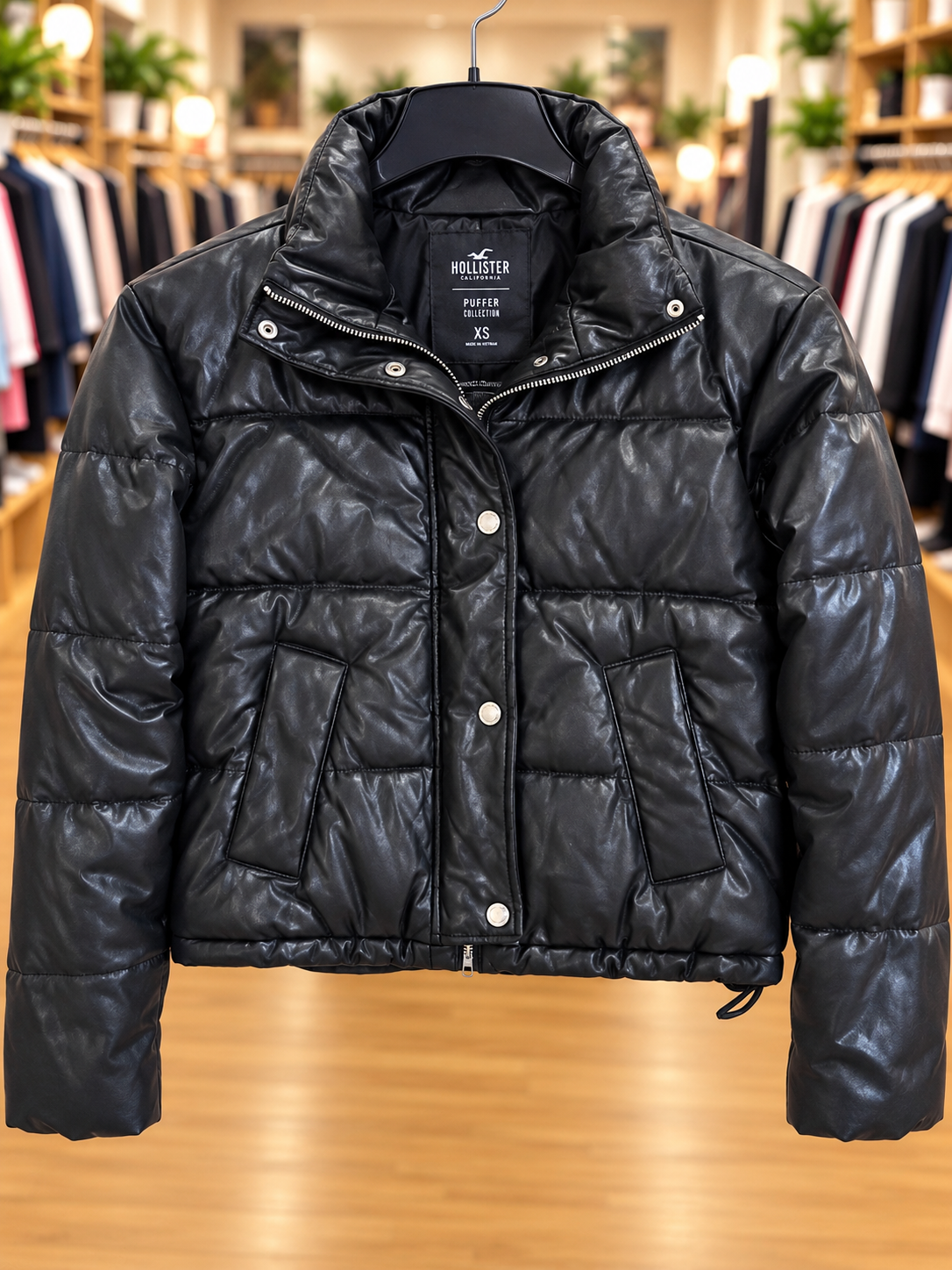 Hollister Black Faux Leather Puffer Jacket — Size XS