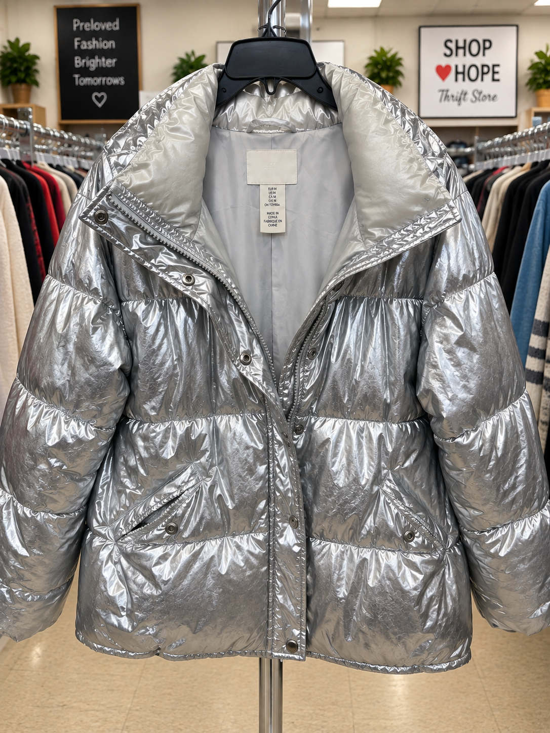 H&M Metallic Silver Puffer Jacket