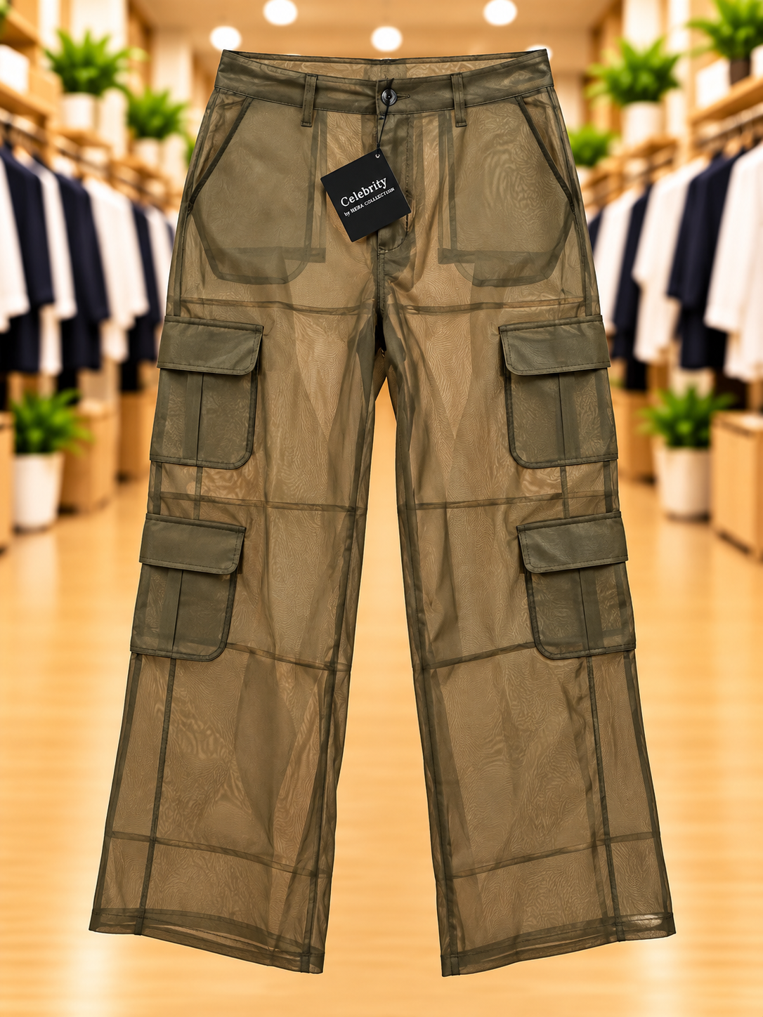 Celebrity Fashion by Hera Collection Sheer Olive Cargo Pants — Size L