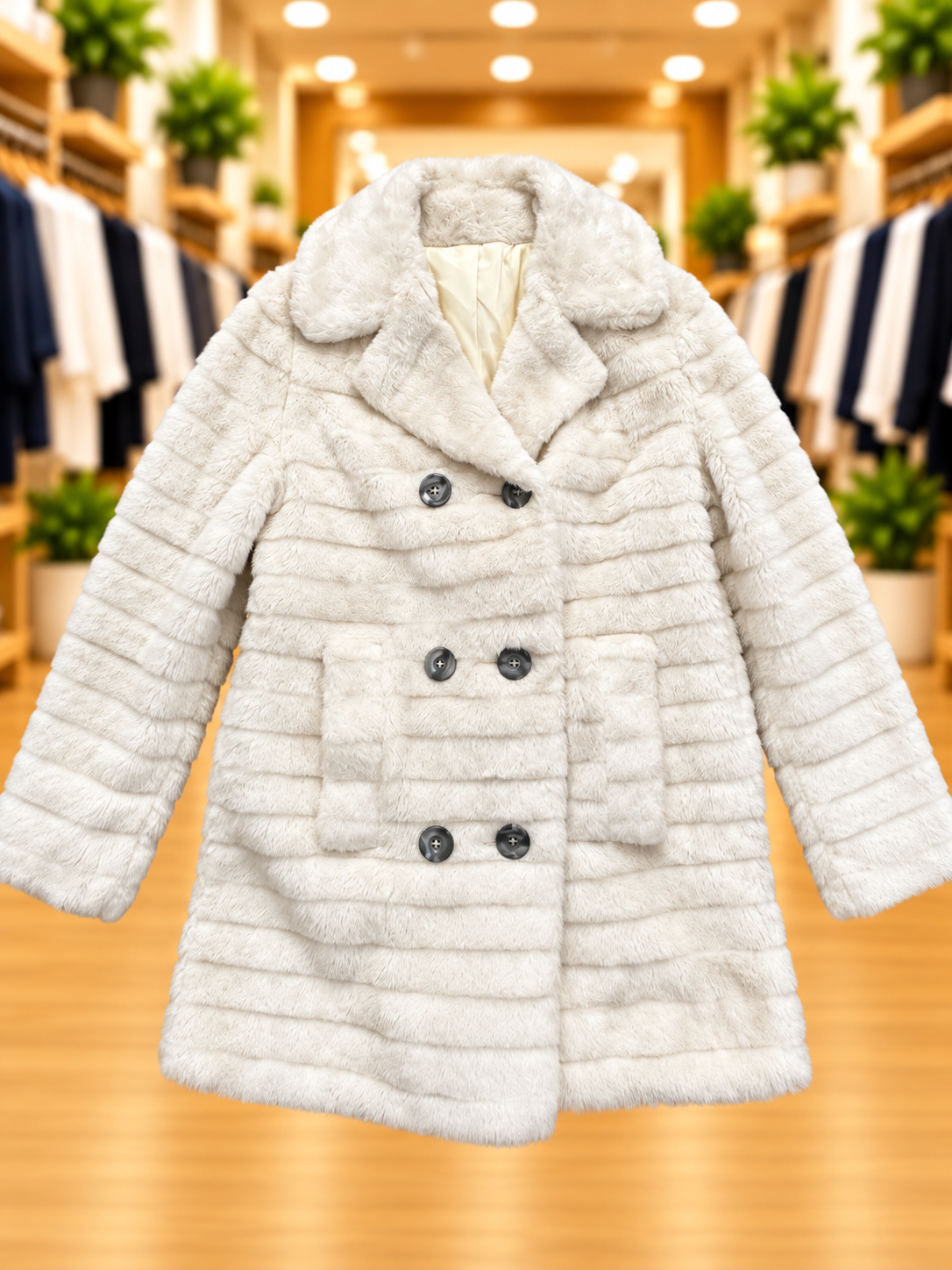Ivory Faux Fur Double-Breasted Coat