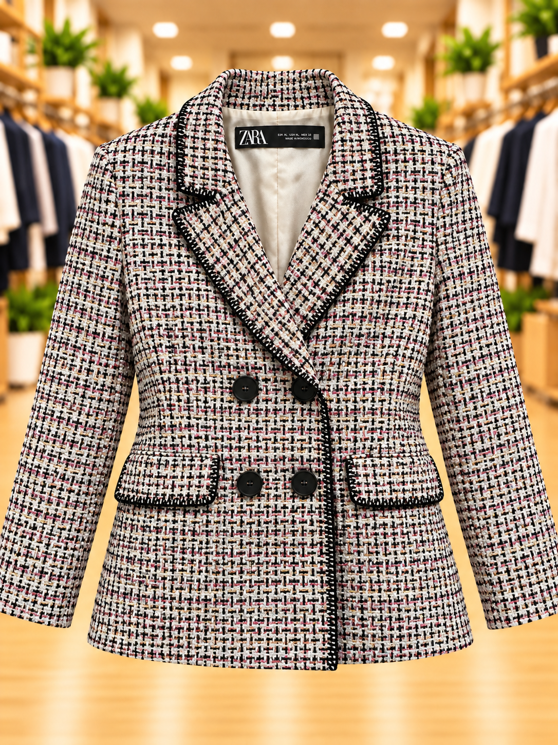Zara Multicolor Tweed Double-Breasted Blazer — Size XL