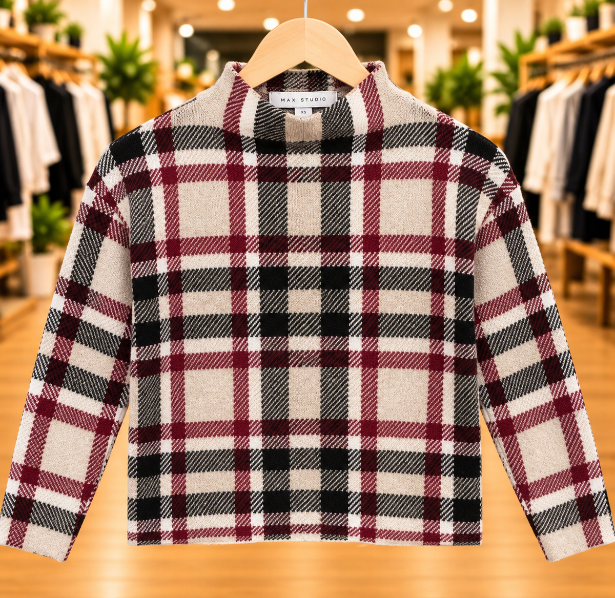 Max Studio Plaid Mock Neck Sweater — Size XS