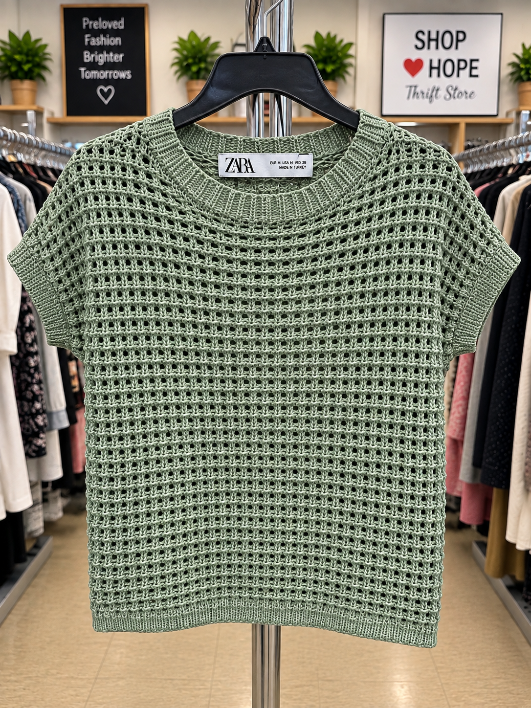 ZARA Open-Knit Green Sweater – Size M