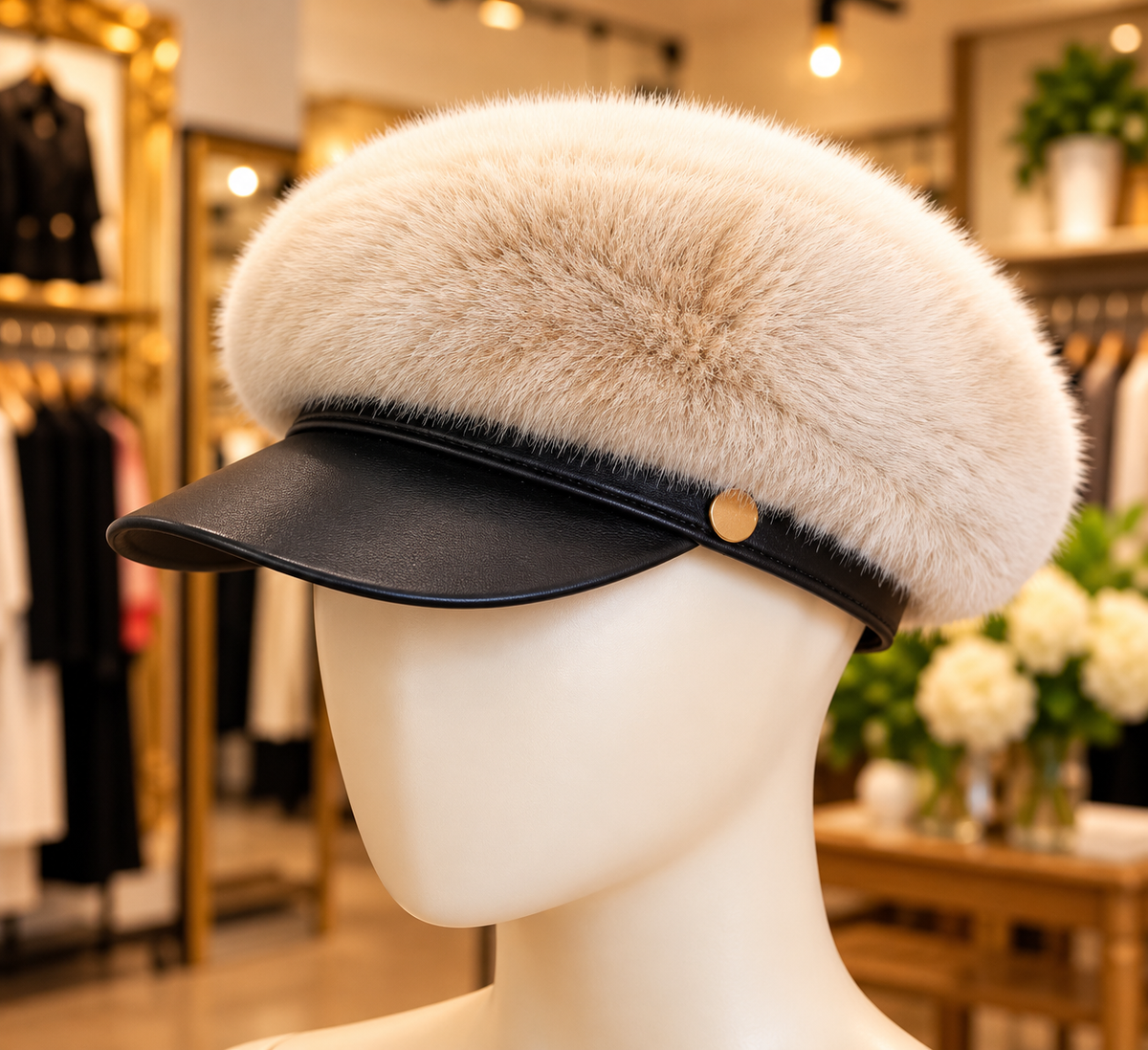 AKIRA Faux Fur Cadet Hat — Cream & Black