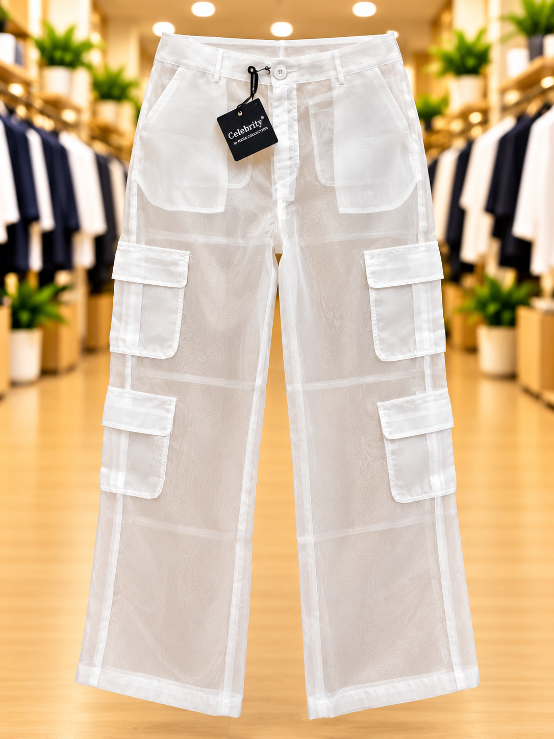 Celebrity Fashion by Hera Collection Sheer White Cargo Pants — Size L