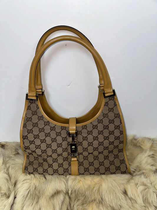 Gucci GG Canvas Jackie-Style Shoulder Bag – Beige/Brown with Tan Leather Trim