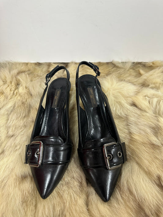 Louis Vuitton Black Leather Pointed-Toe Slingback Heels with Buckle Detail