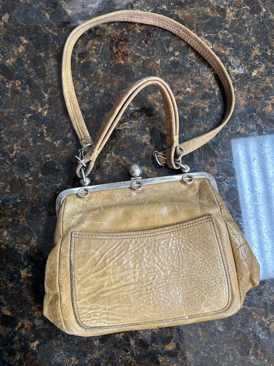 Vintage Tan Leather Handbag with Metal Frame Clasp