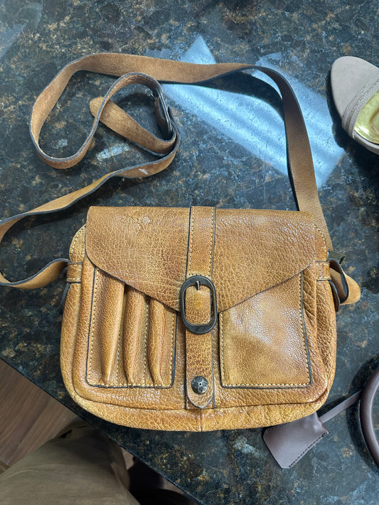 Distressed Brown Leather Crossbody Bag with Buckle Flap