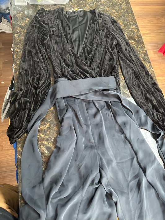Ramy Brook Black Velvet & Satin Wrap Jumpsuit – Long Sleeve, Wide Leg